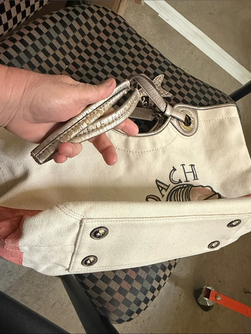 Coach Cream Canvas Tote with Pink Stripe & Metallic Handles